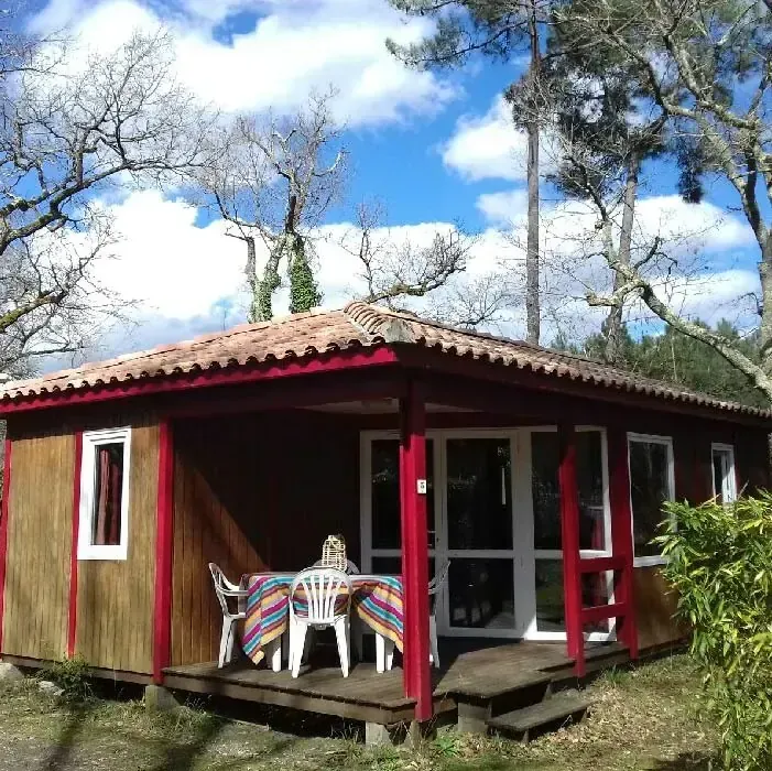 Chalet en bois avec terrasse couverte et mobilier de jardin dans un cadre arboré