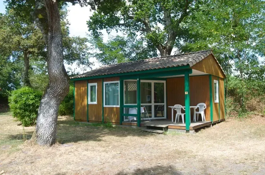 Petit chalet en bois avec terrasse abritée et mobilier blanc sous de grands arbres
