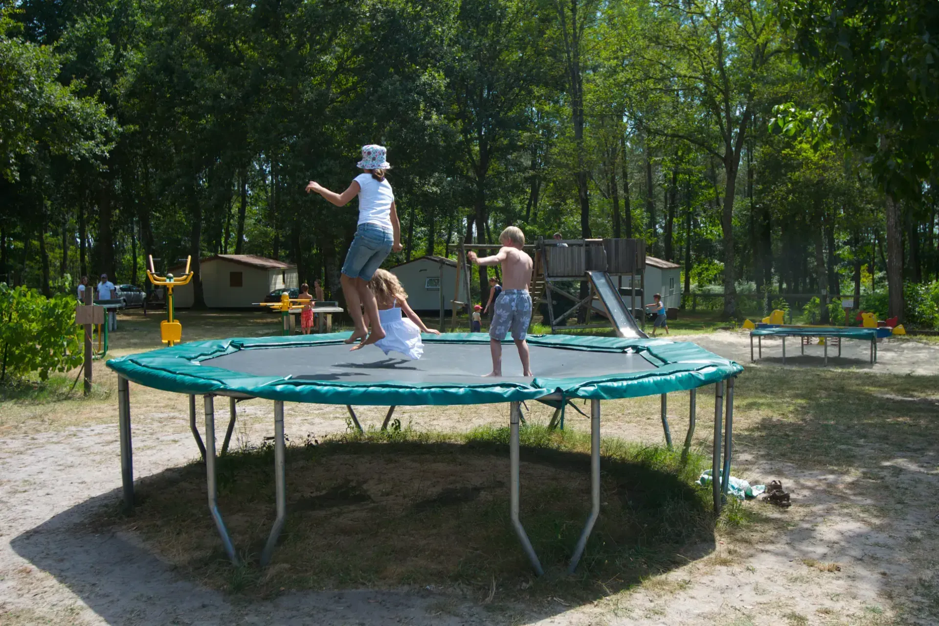 Trois enfants jouant sur un trampoline dans l'aire de loisirs arborée du camping