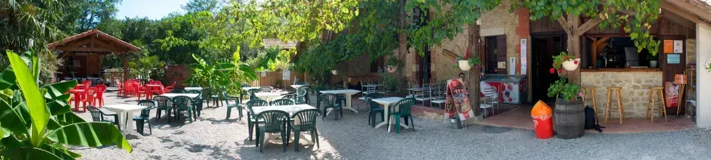 Terrasse de restauration arborée avec tables et chaises devant un bâtiment rustique couvert de vigne